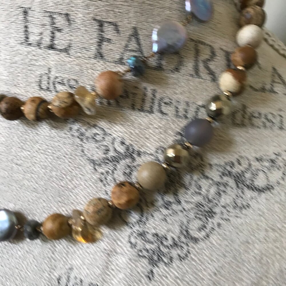 Chan Luu Sunstone Long Classic Beaded Necklace Womens Brown Tan Gold Beads Boho - Picture 5 of 13